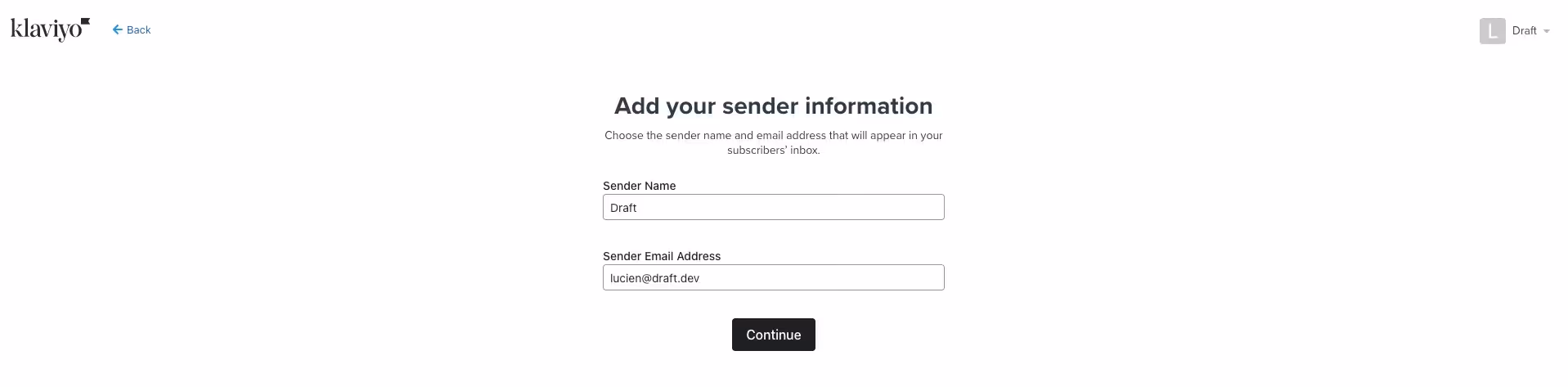 Klaviyo sender information