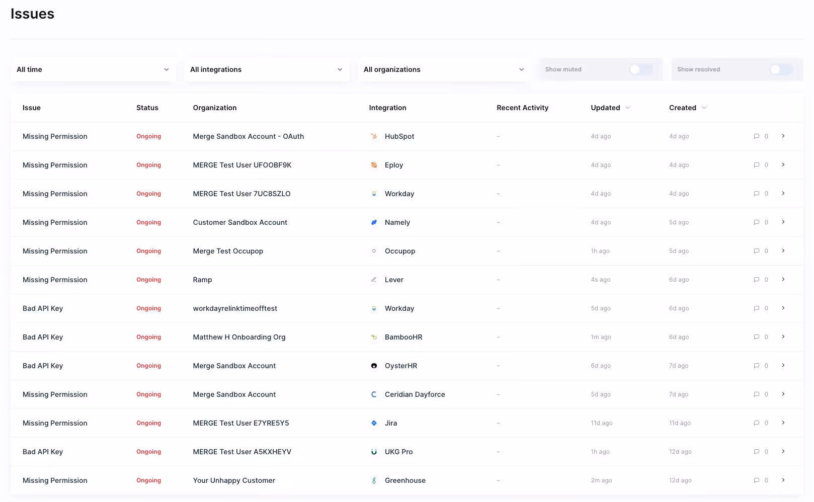 Merge provides a single view of your end users’ issues through its Issues page