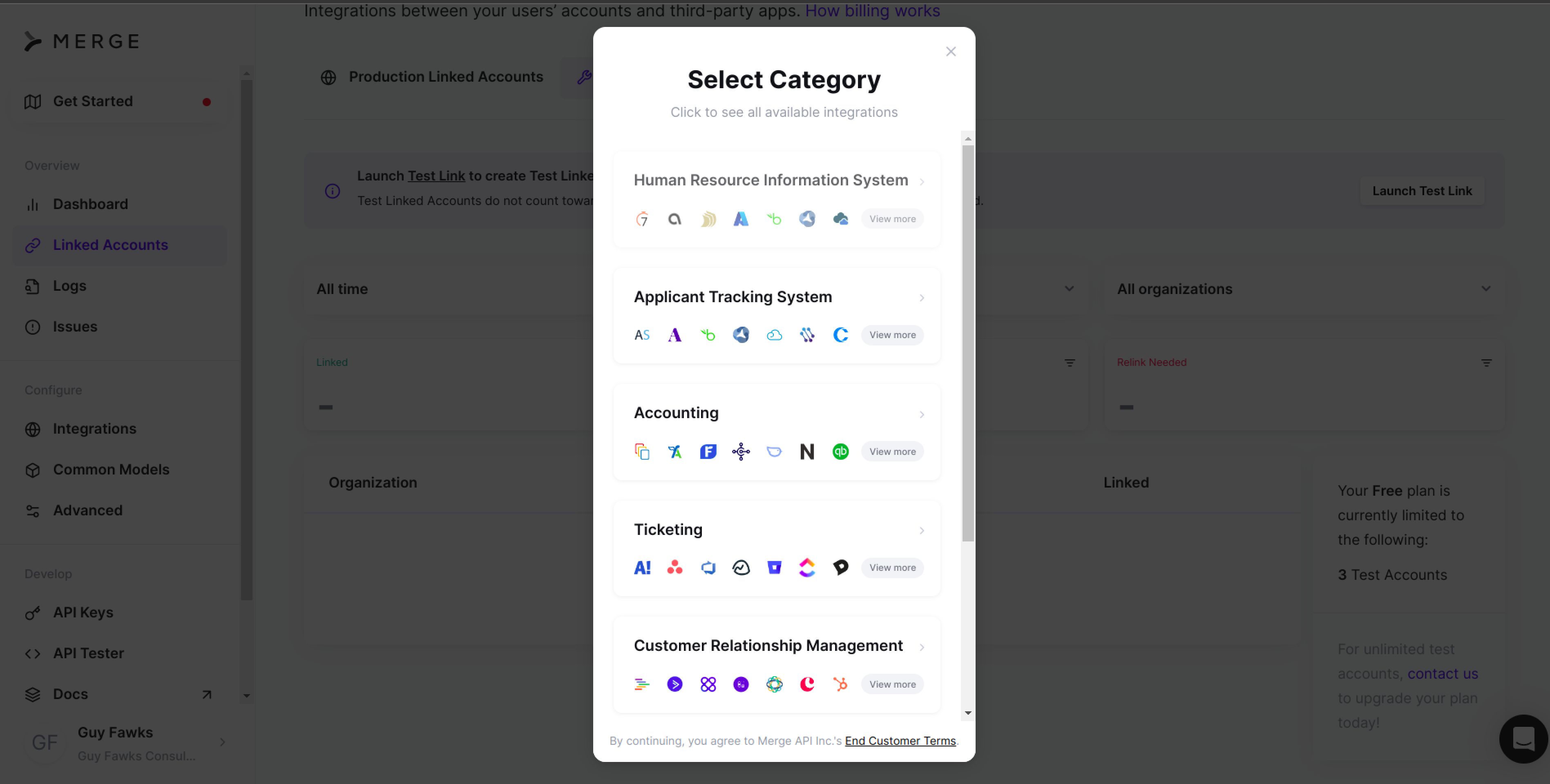 Modal showing integration categories