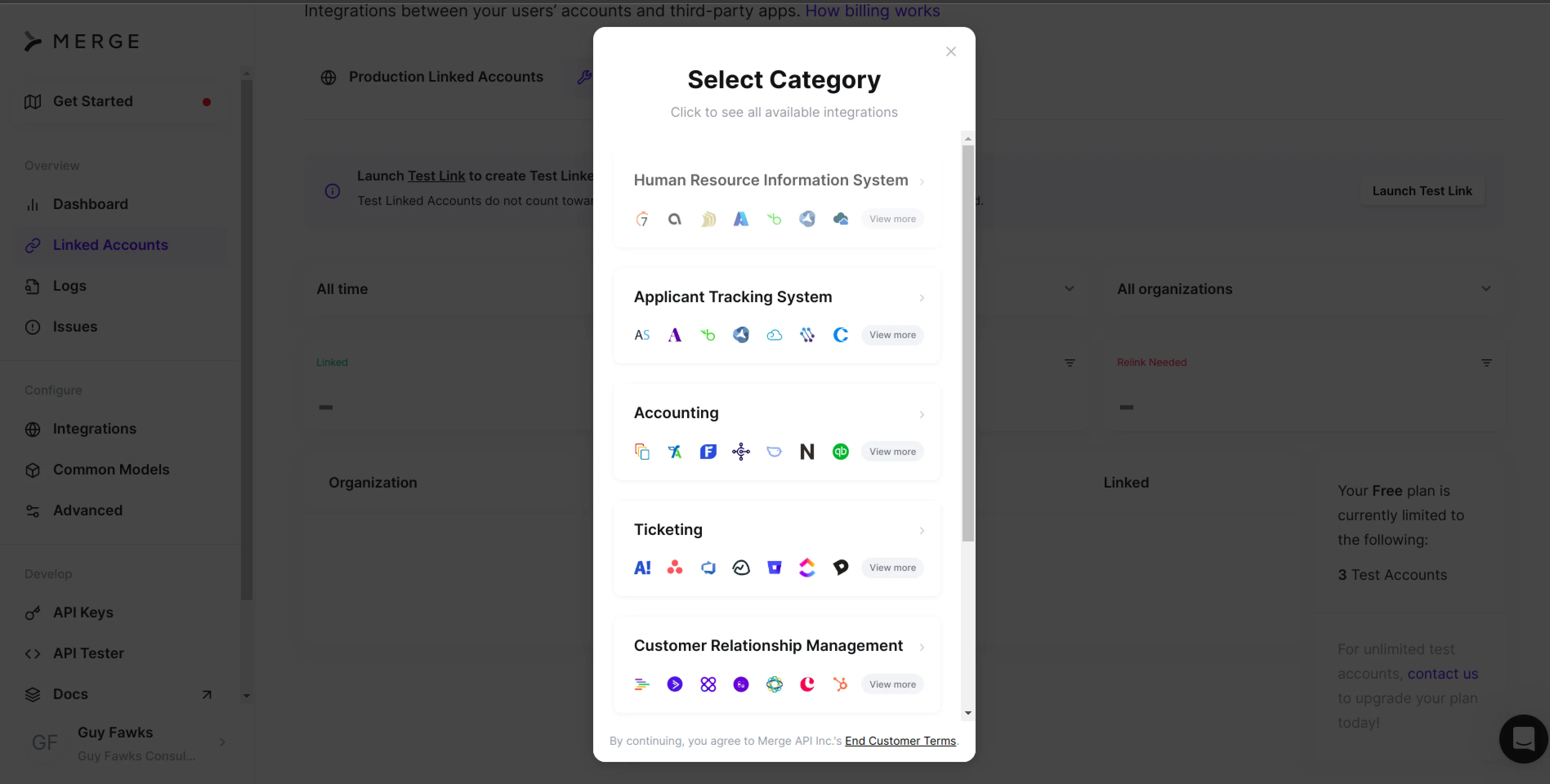 Modal showing integration categories