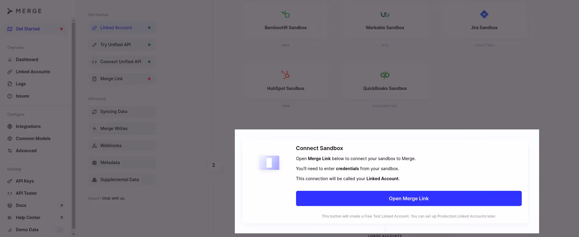 Merge Get Started dashboard