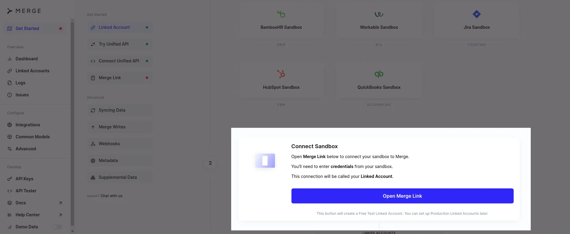 Merge Get Started dashboard