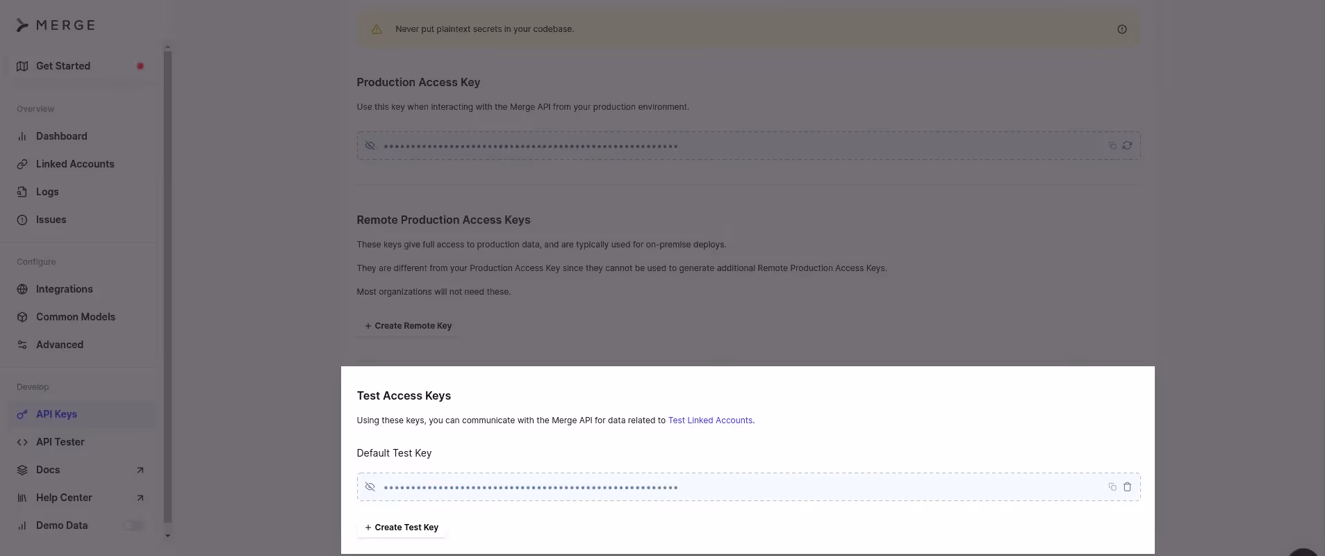 Get Merge test access keys