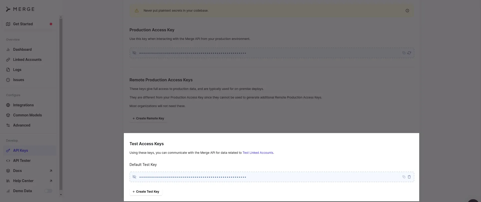 Get Merge test access keys