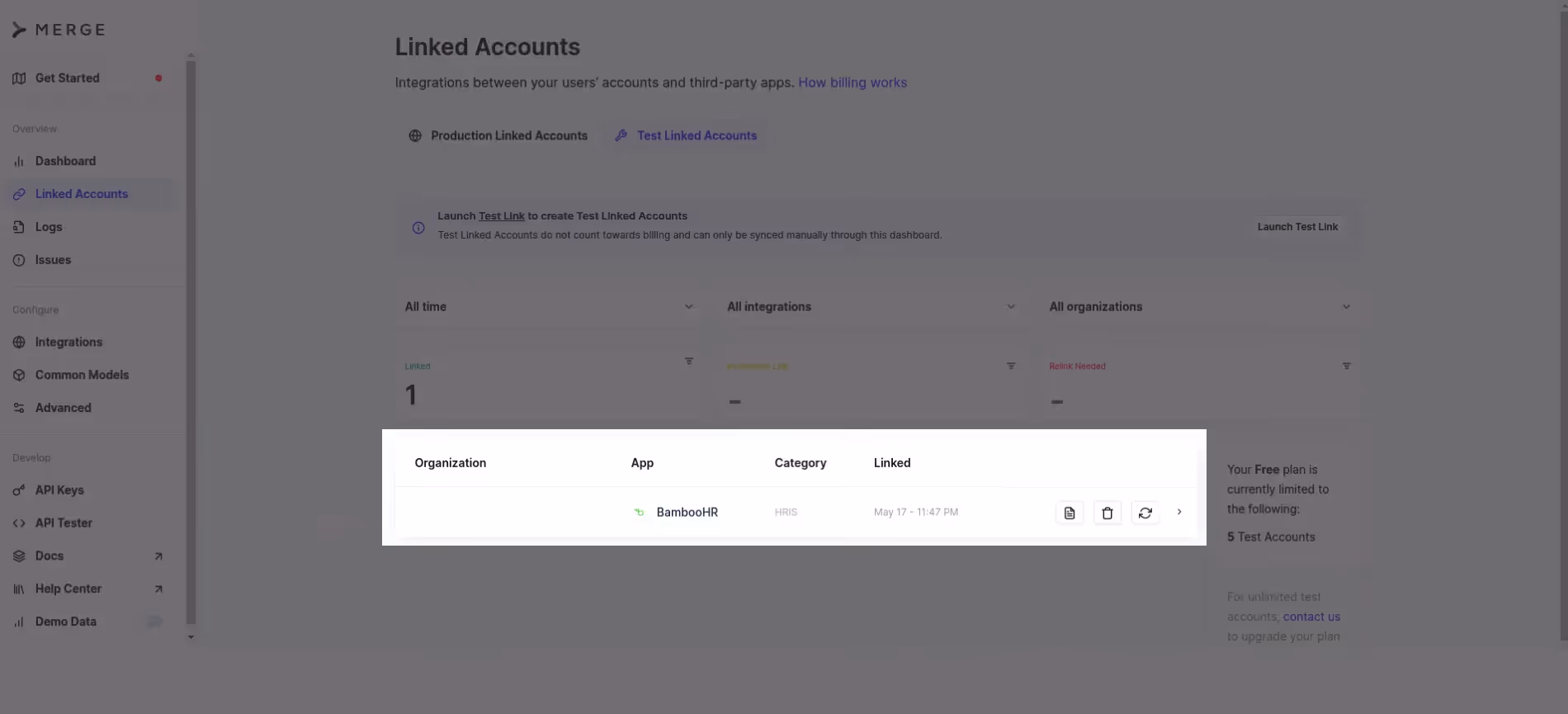 View Merge test link accounts