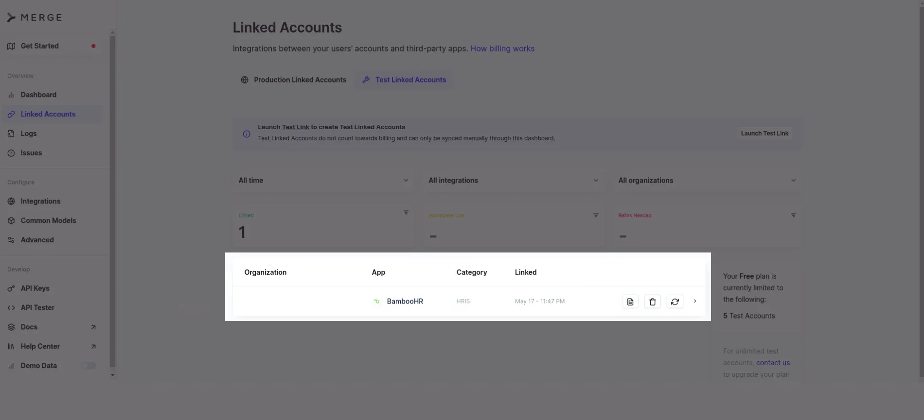 View Merge test link accounts