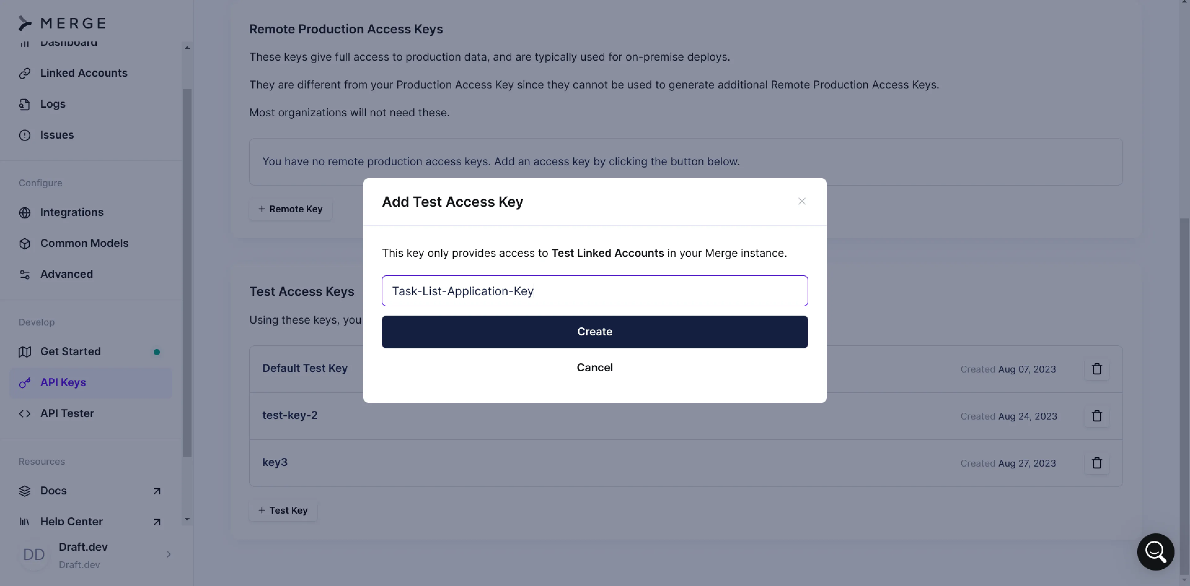 Creating the API key