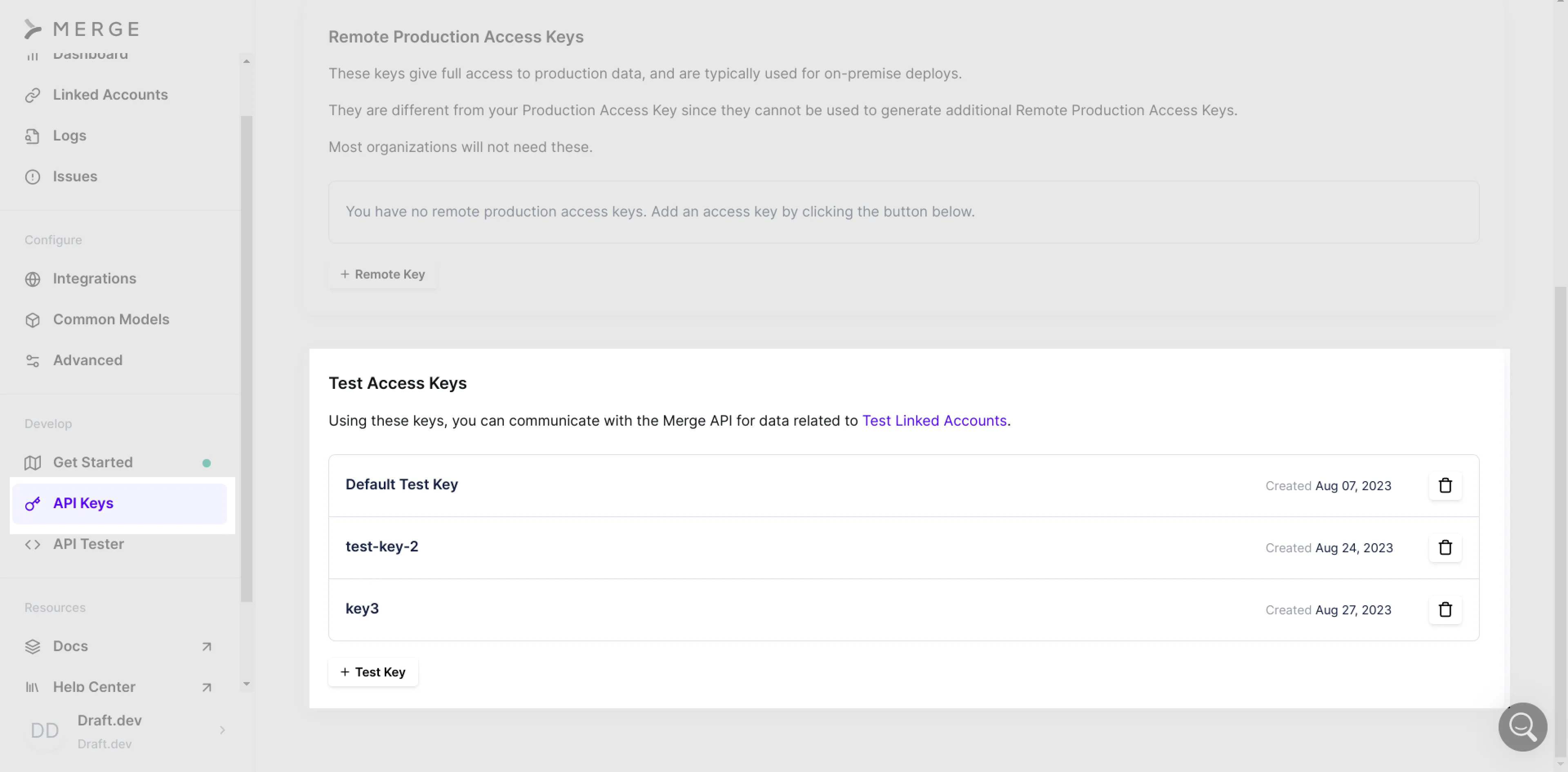 **API Keys** page
