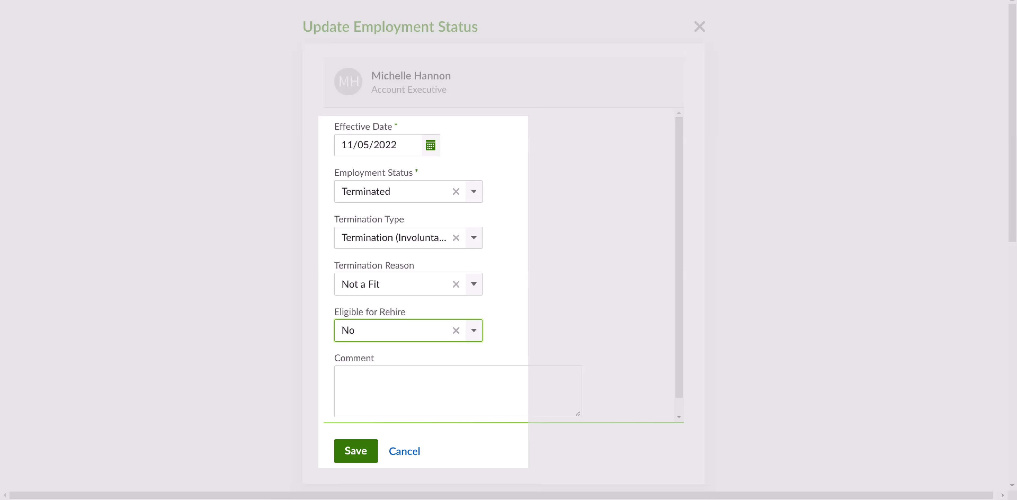 Setting the employment status to **Terminated**