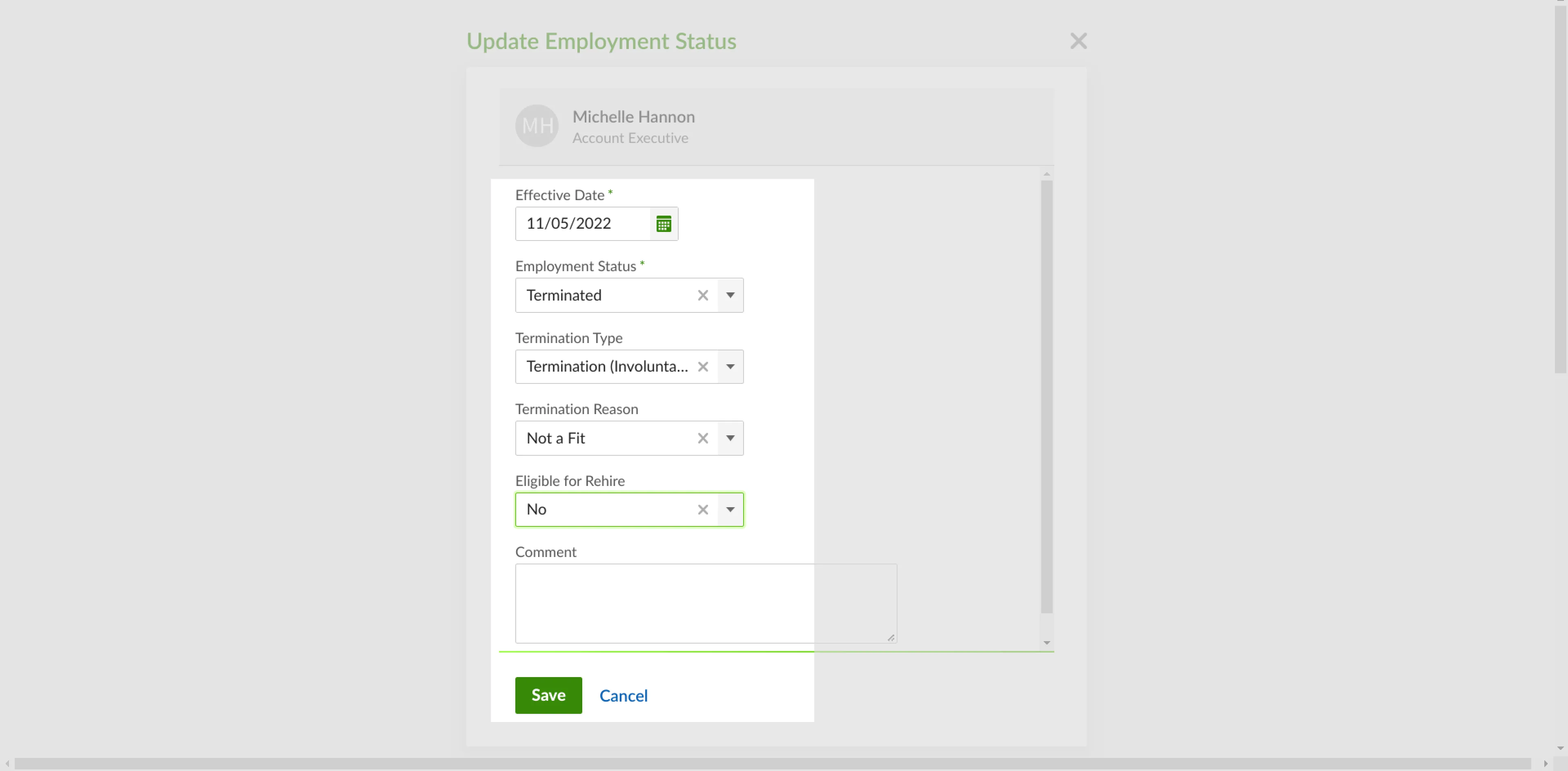 Setting the employment status to **Terminated**