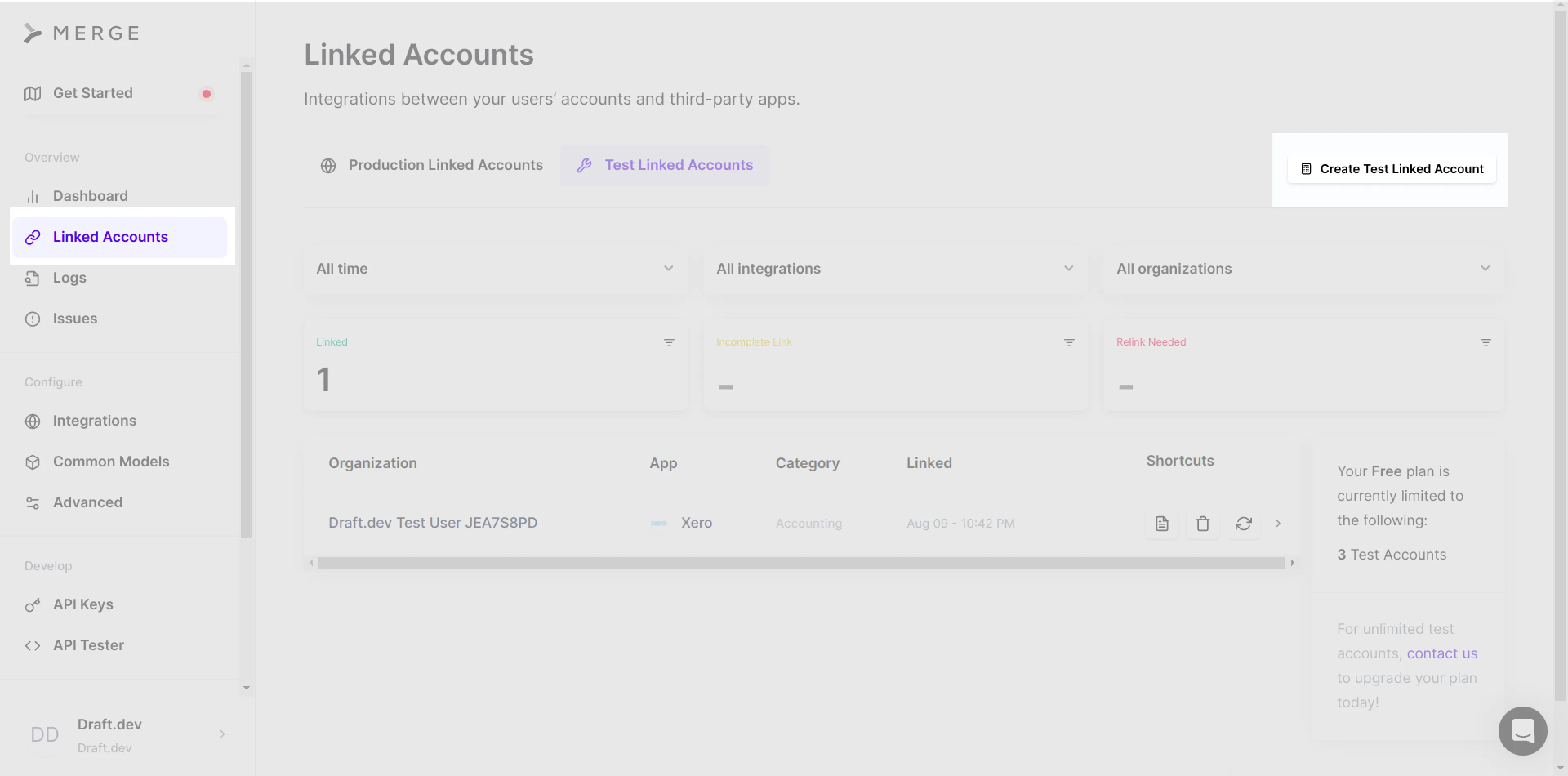 **Create Test Linked Account** button