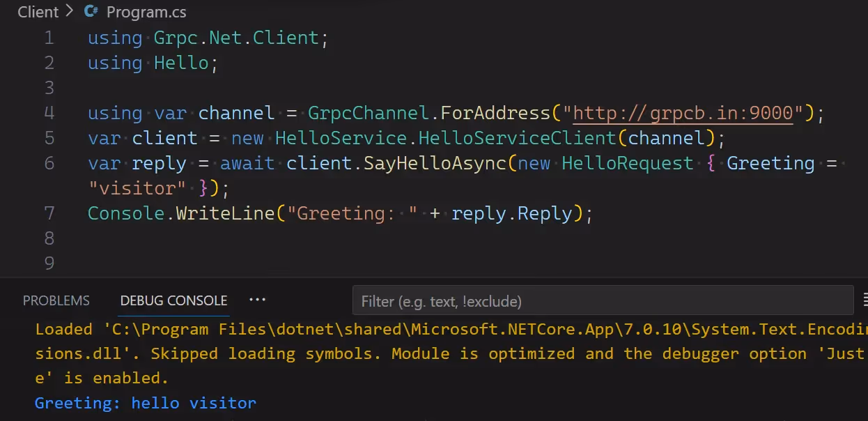 Response from the gRPC API