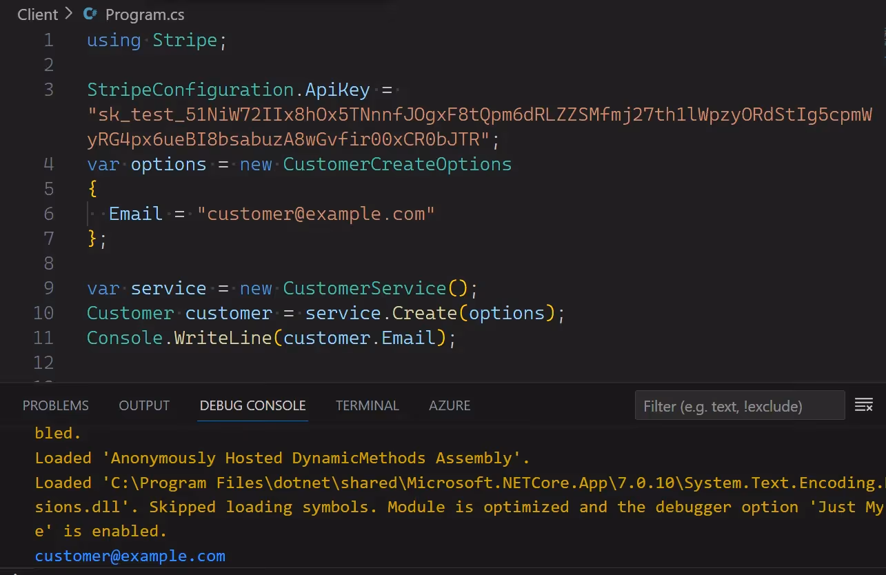 Response from the Stripe API