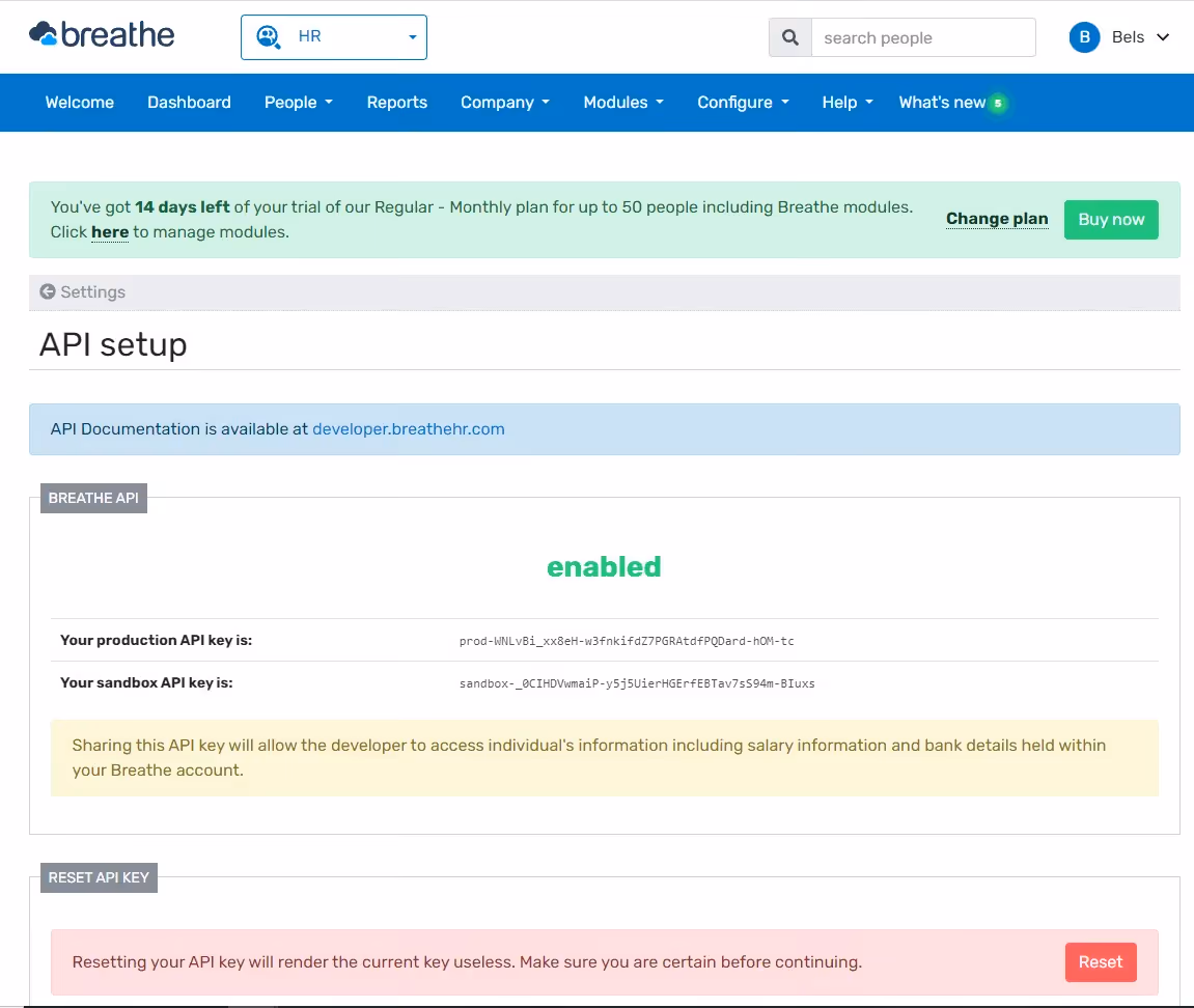 BreatheHR API keys
