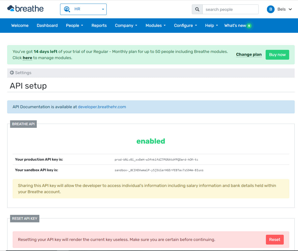 BreatheHR API keys