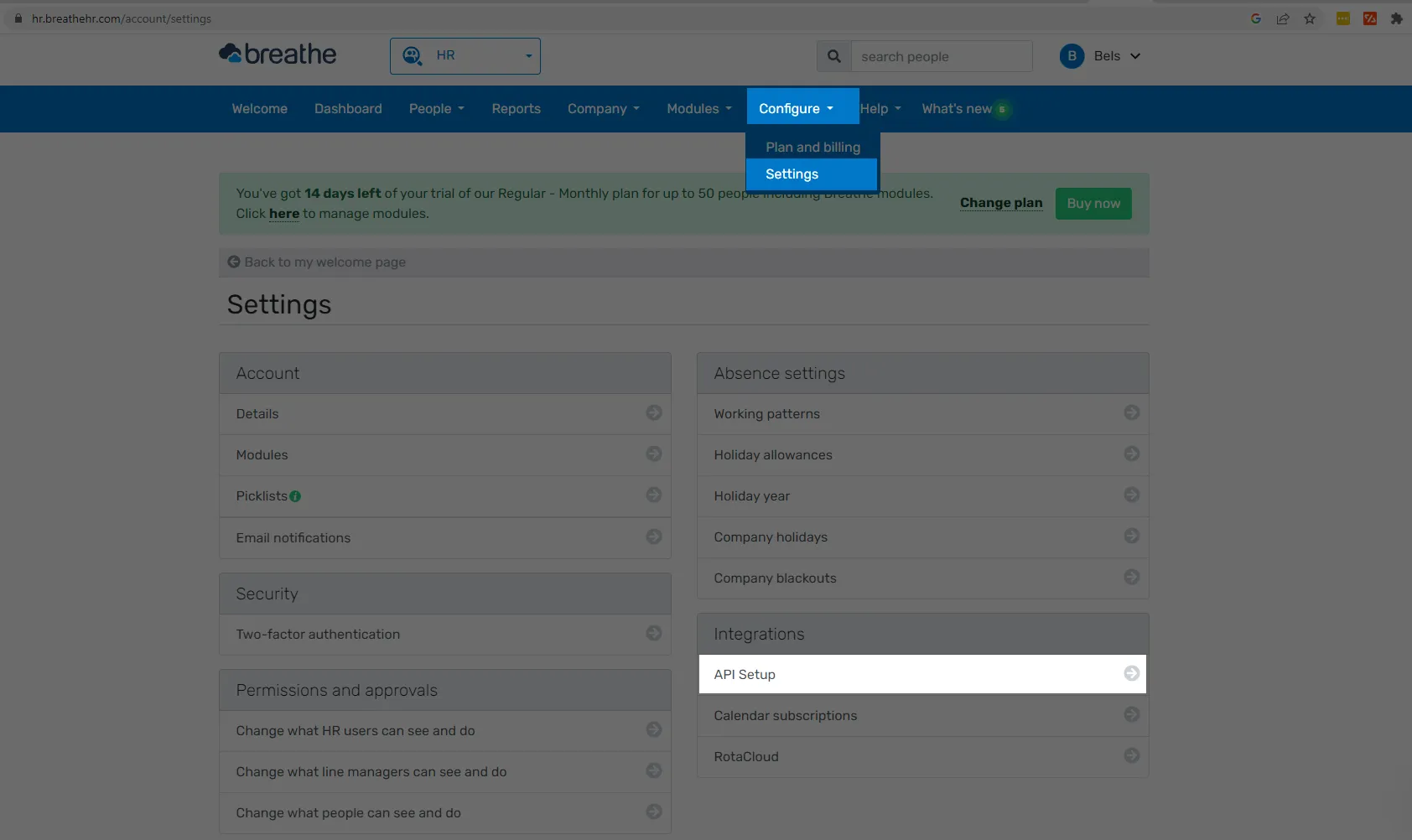 BreatheHR API setup