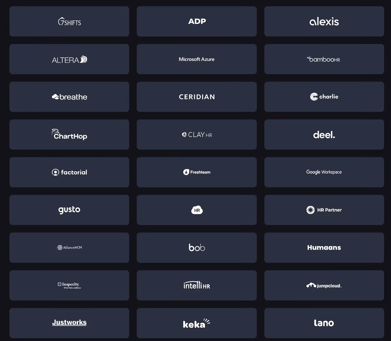 A screenshot of some of the integrations provided by Merge's HRIS Unified API