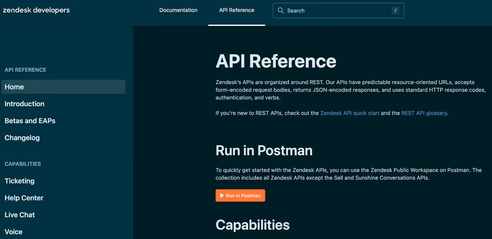 A screenshot of Zendesk's API documentation