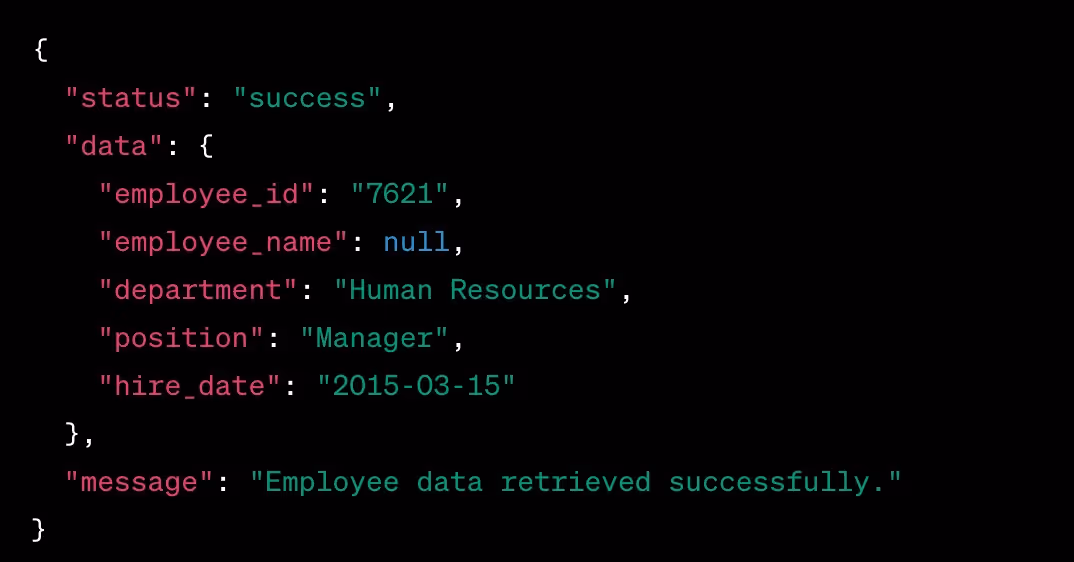 A screenshot of an API response with a null value