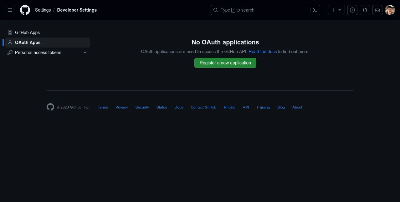 Screenshot of registering an OAuth app for GitHub