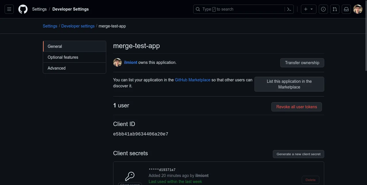 Screenshot of an OAuth application's registration in GitHub's developer settings