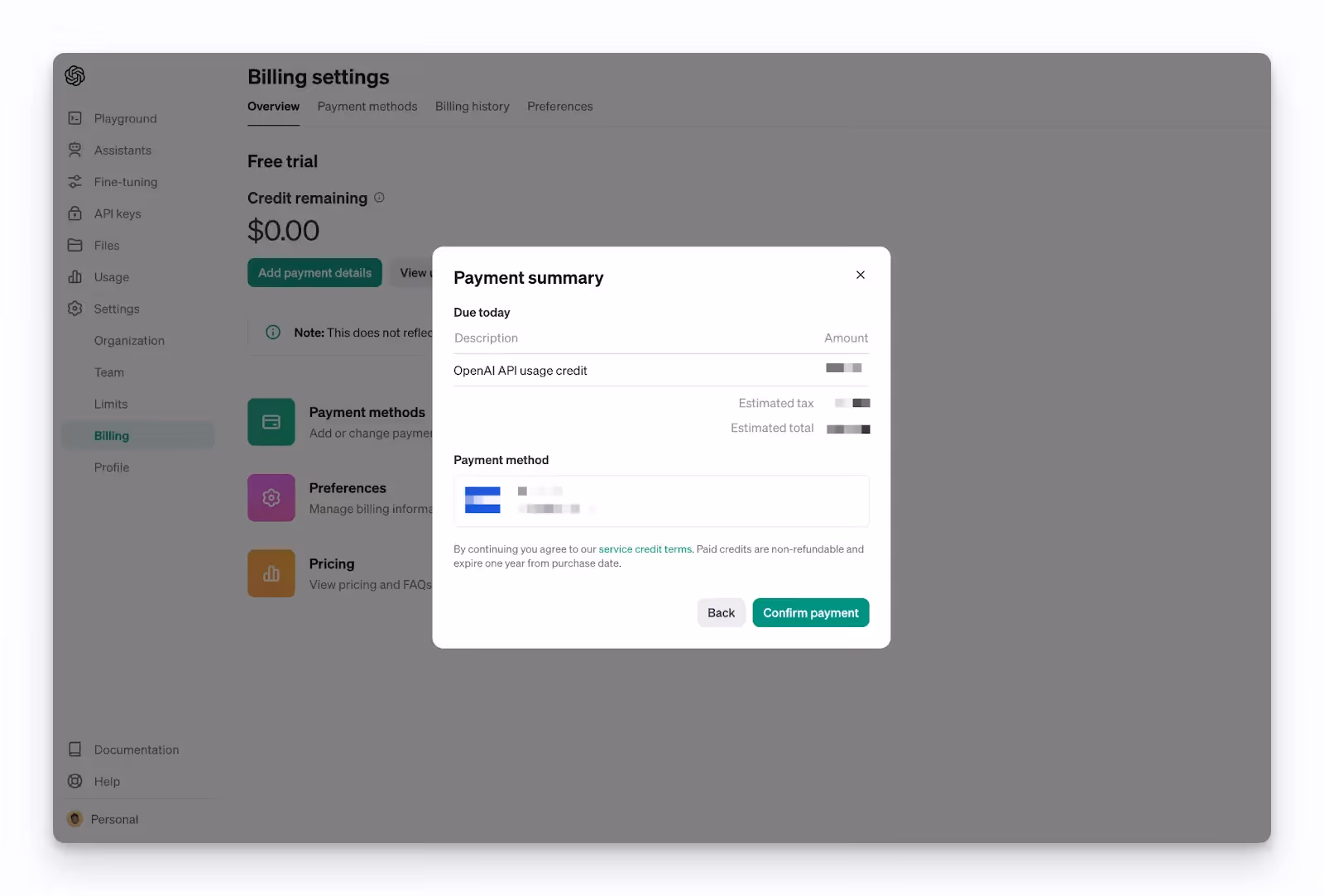 Payment confirmation screen