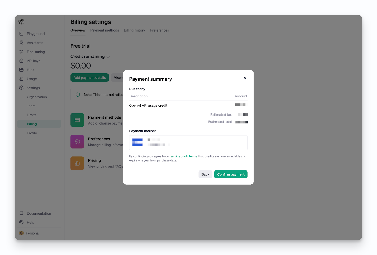 Payment confirmation screen