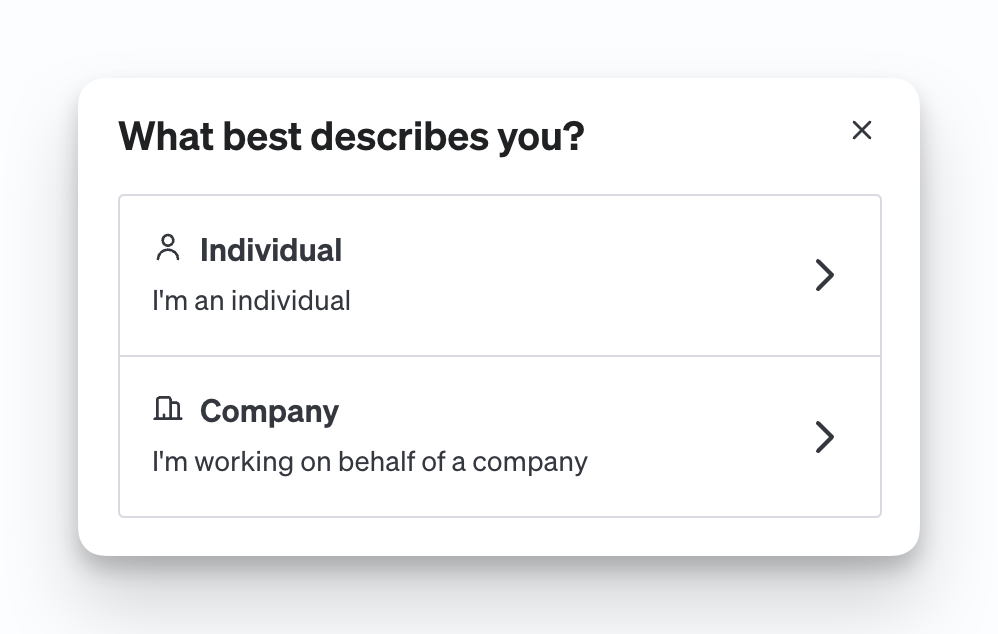 Selecting whether you're an individual or working on behalf of a company