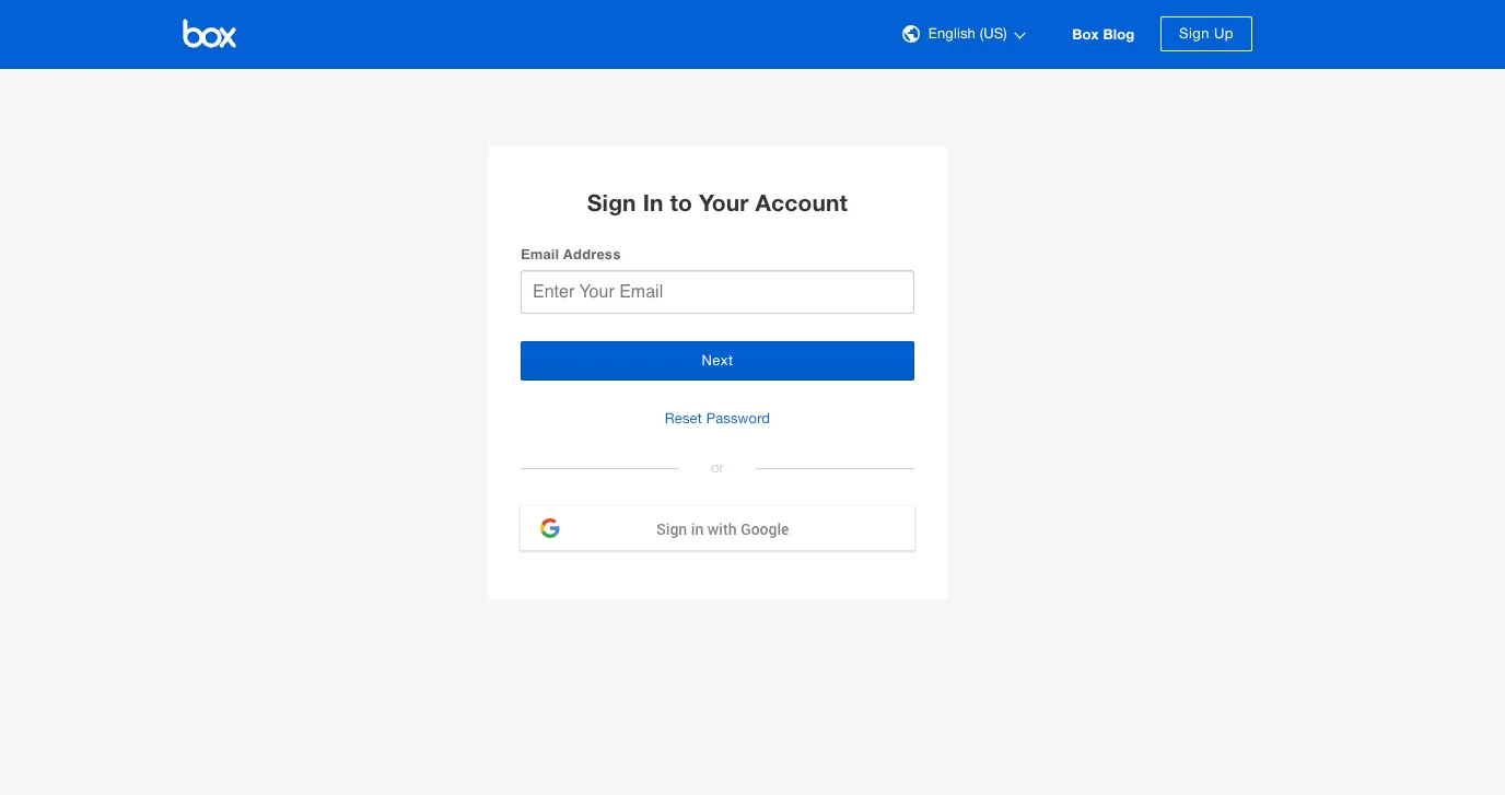 Box's sign up page