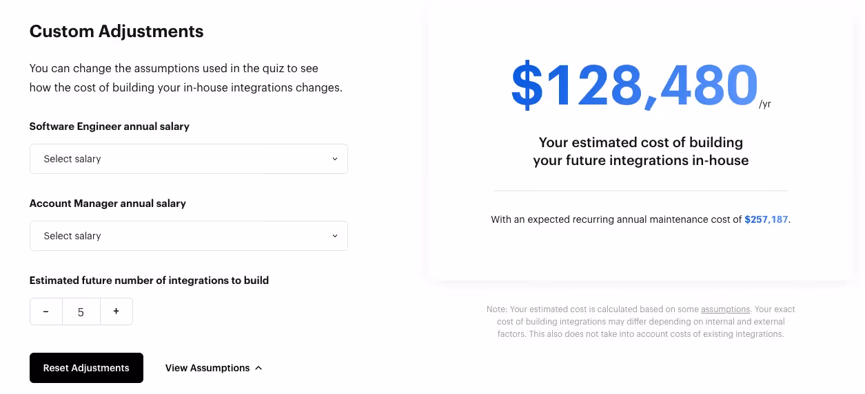 A screenshot o Merge's cost calculator