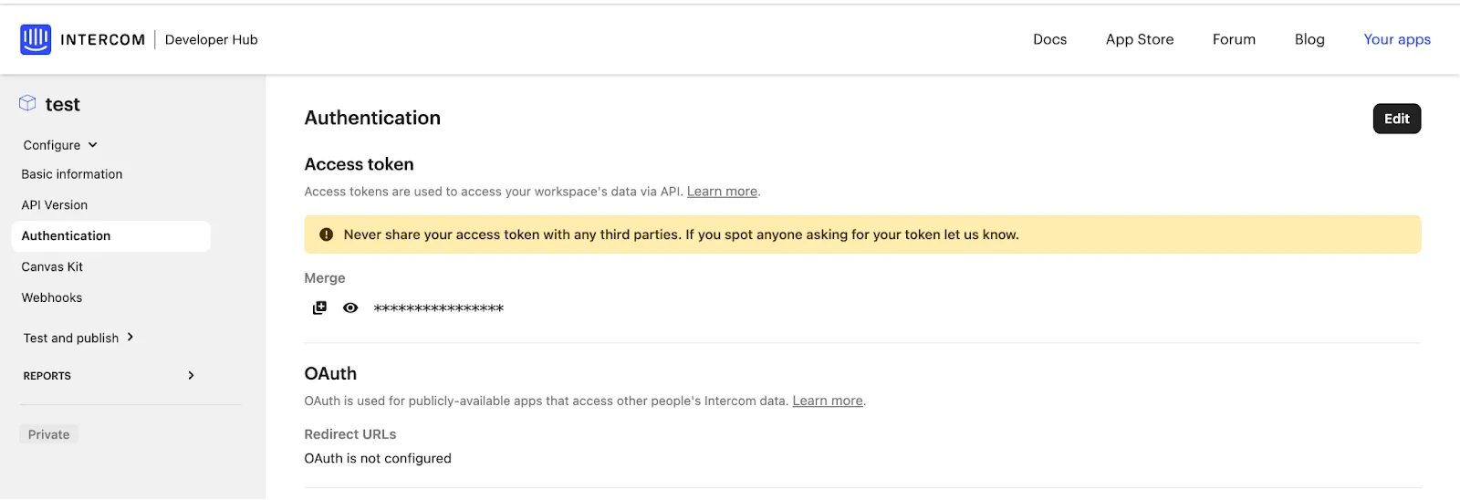 Where you can find and generate your API key in Intercom