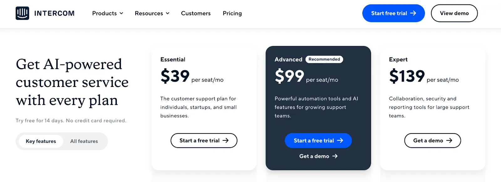 Intercom's price plans