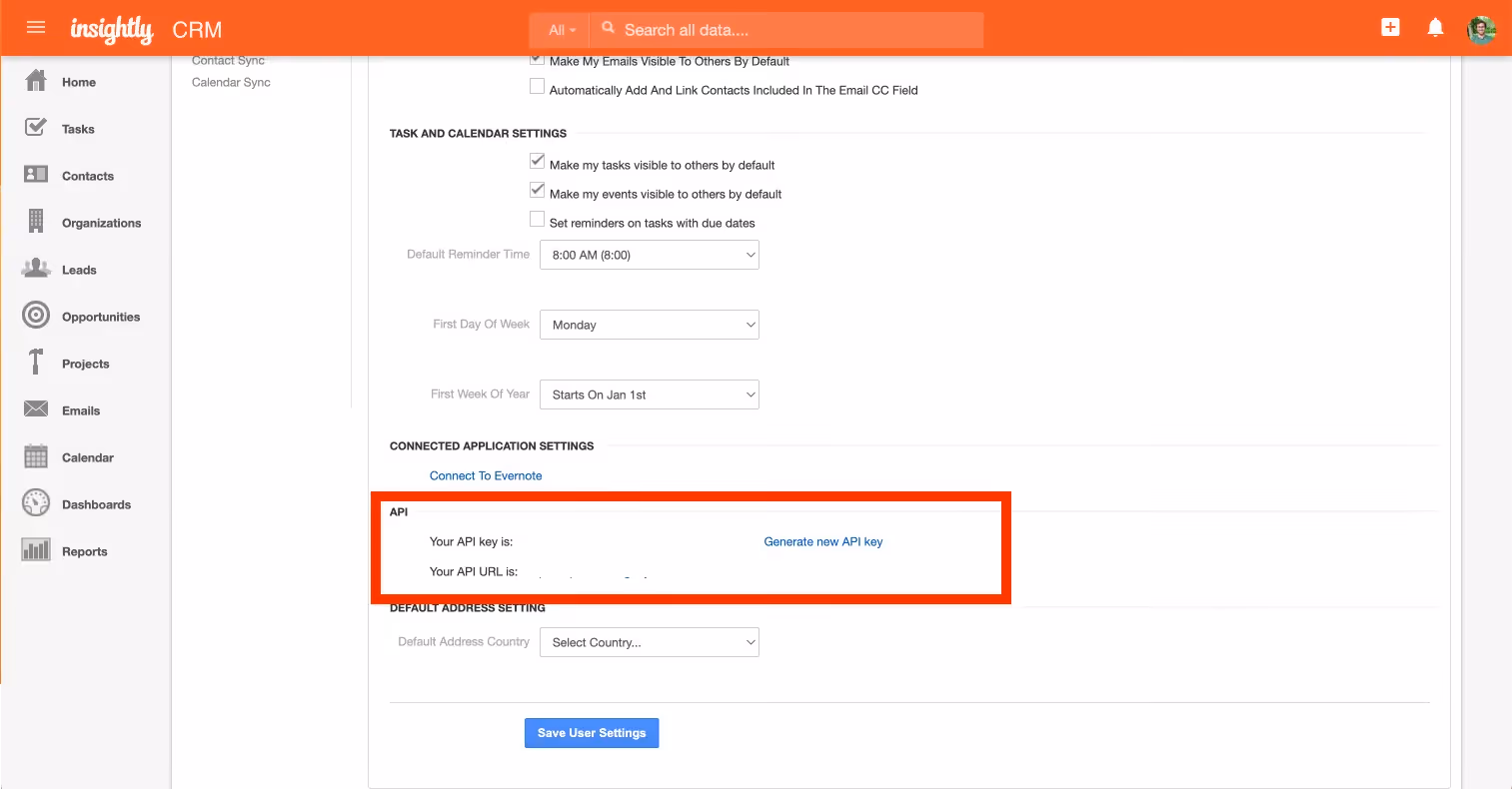 Where your API key appears in Insightly