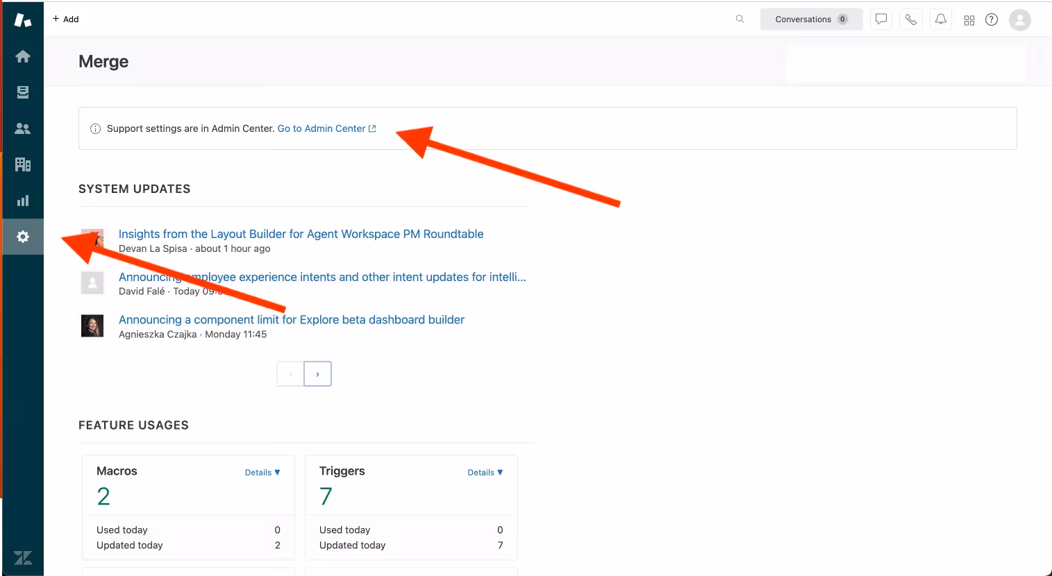 Navigating to settings in Zendesk