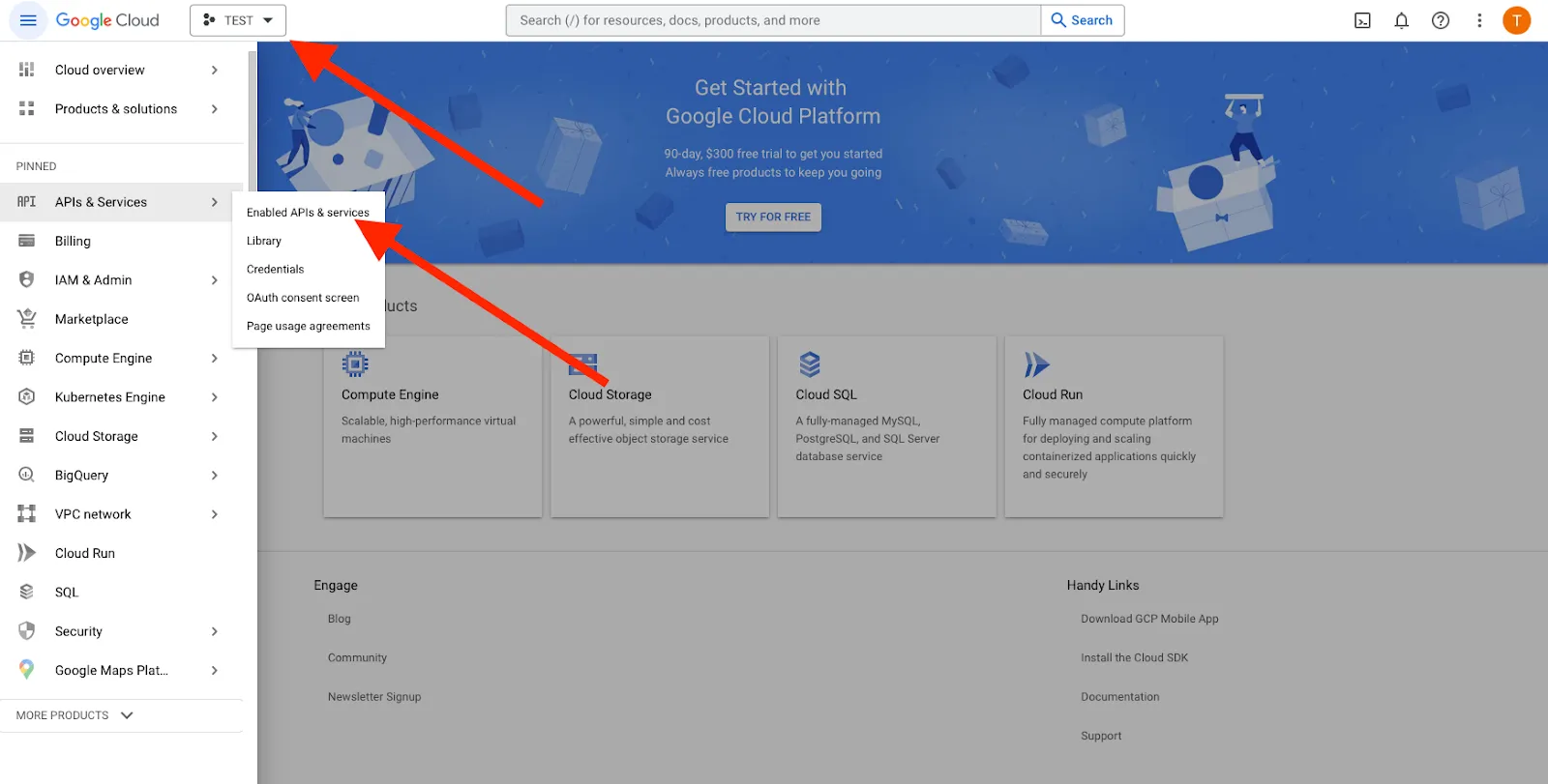 Clicking on Enabled APIs and Services