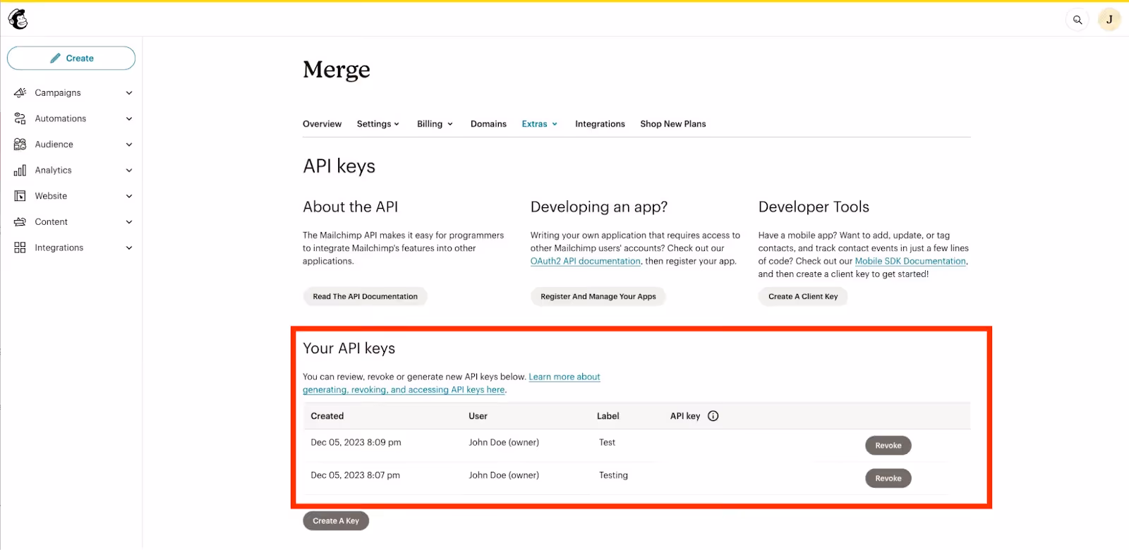 Where you can access the API keys that've been generated