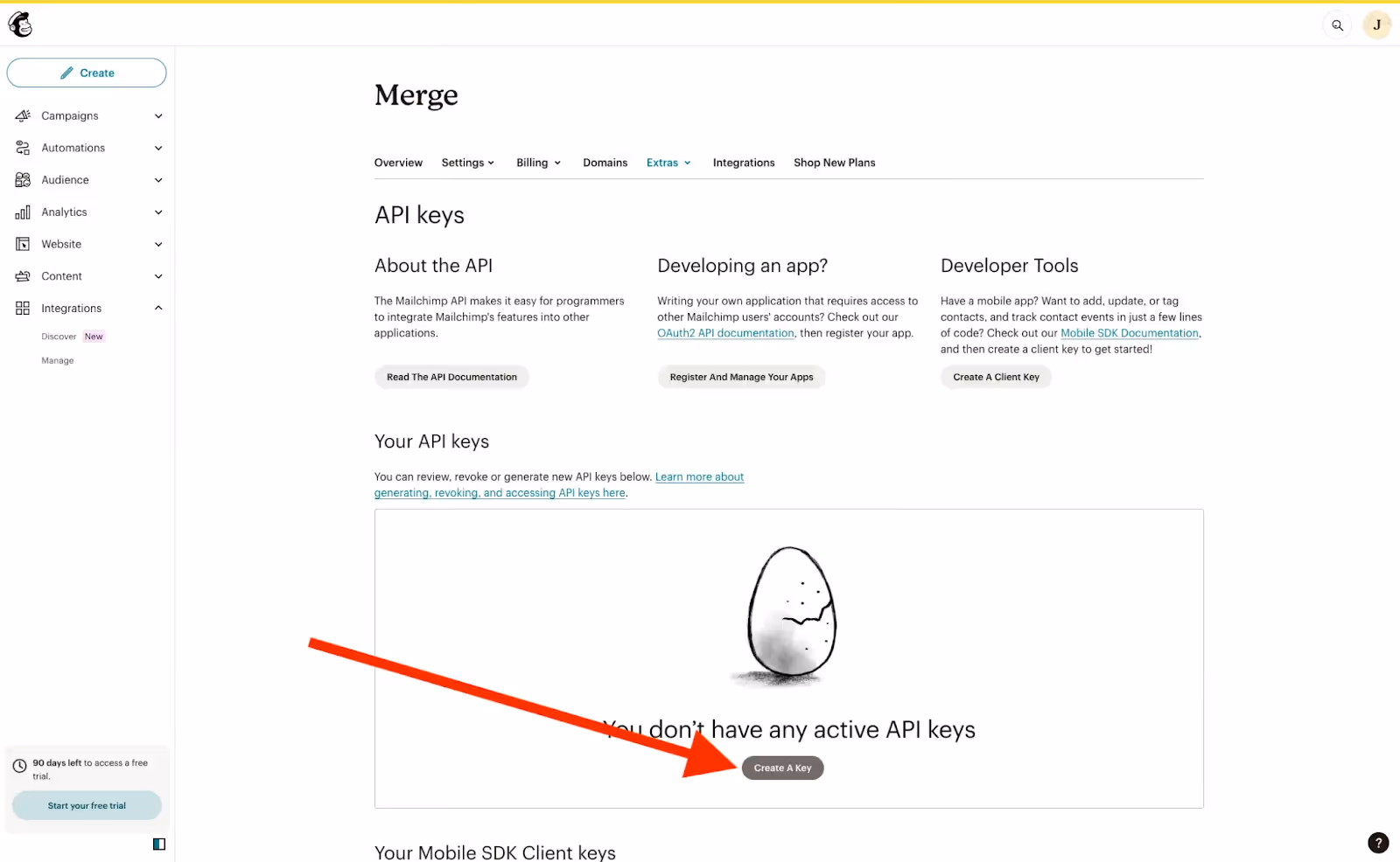 Where to create a key in Mailchimp