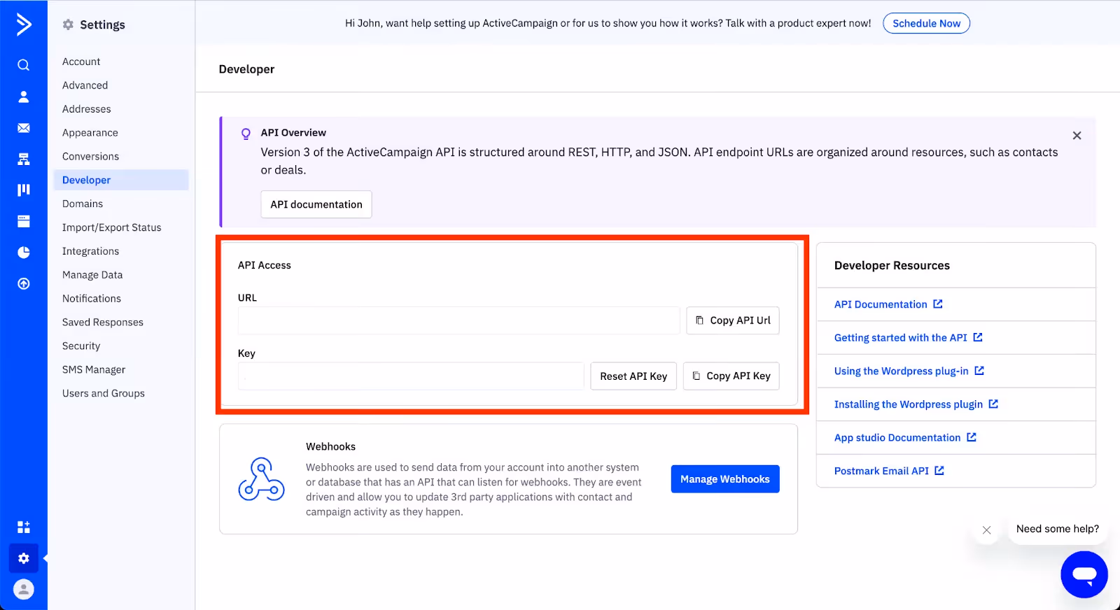 Where the API key and URL is displayed in ActiveCampaign