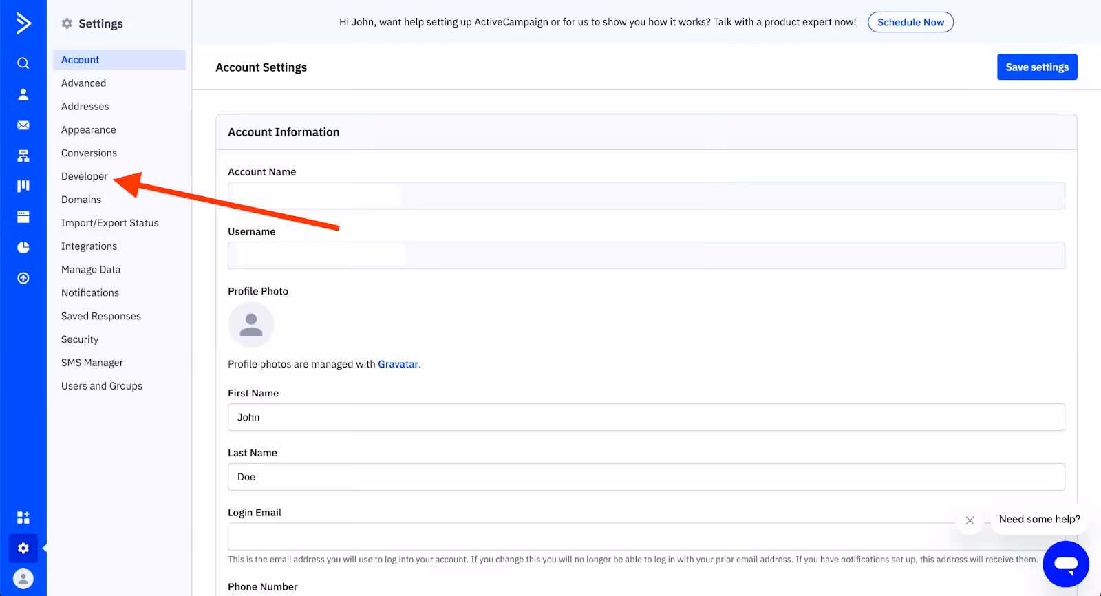 Navigating to the Developer tab in ActiveCampaign