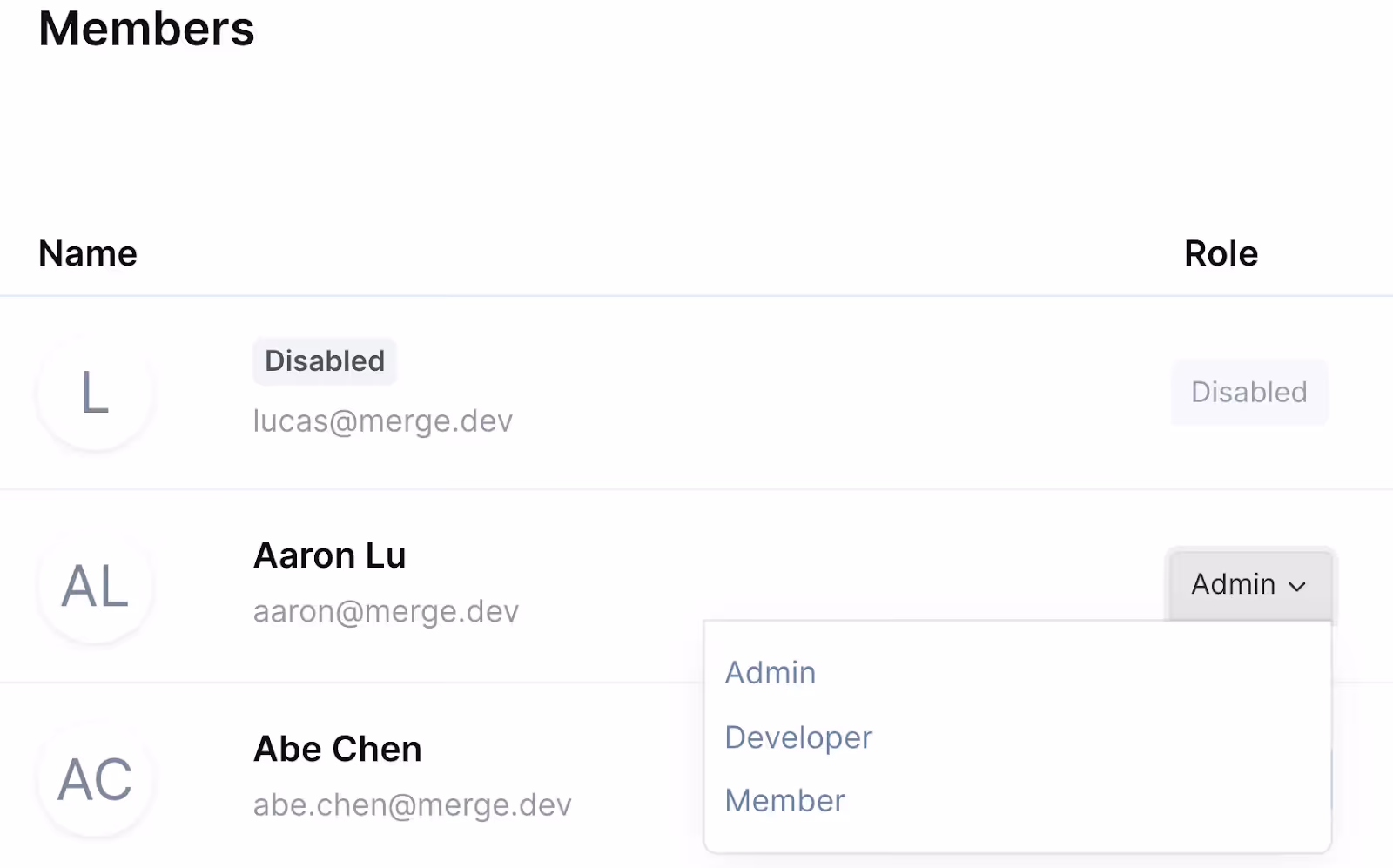 A screenshot of Merge's Role Based Access Control feature