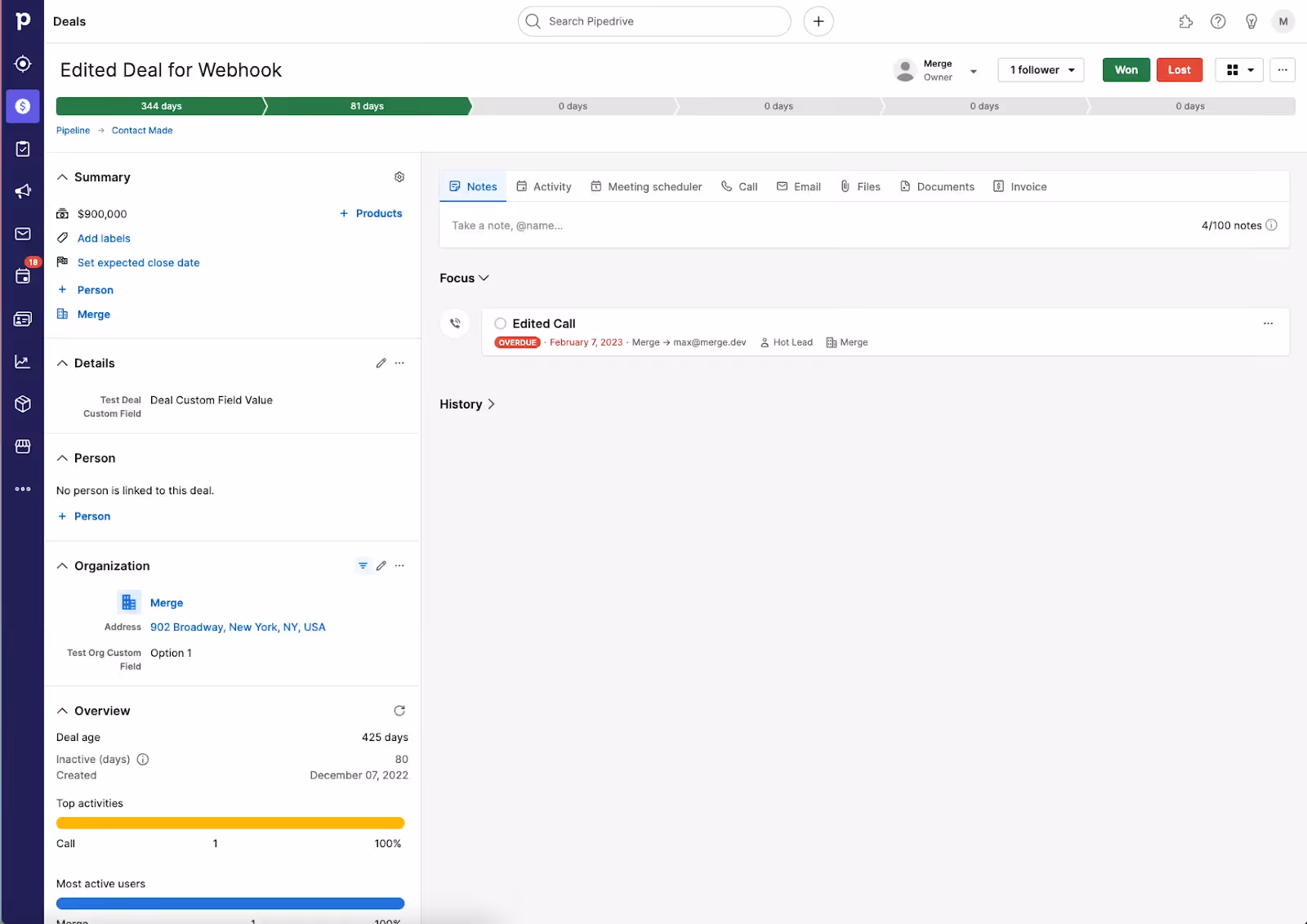 Screenshot of Pipedrive's sandbox environment