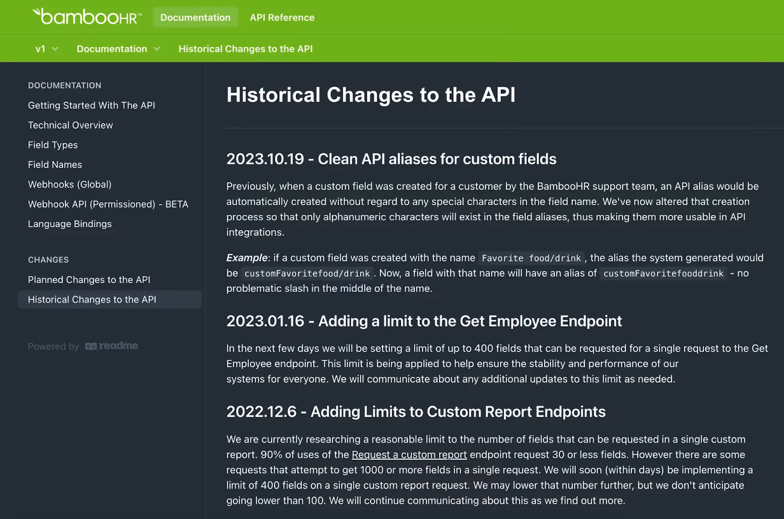 Screenshot of BambooHR's API docs