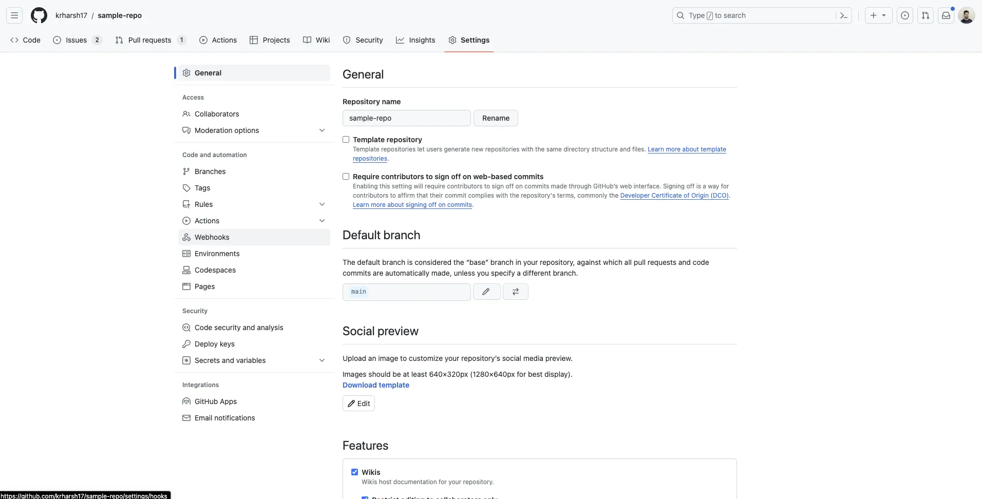Navigating to webhooks
