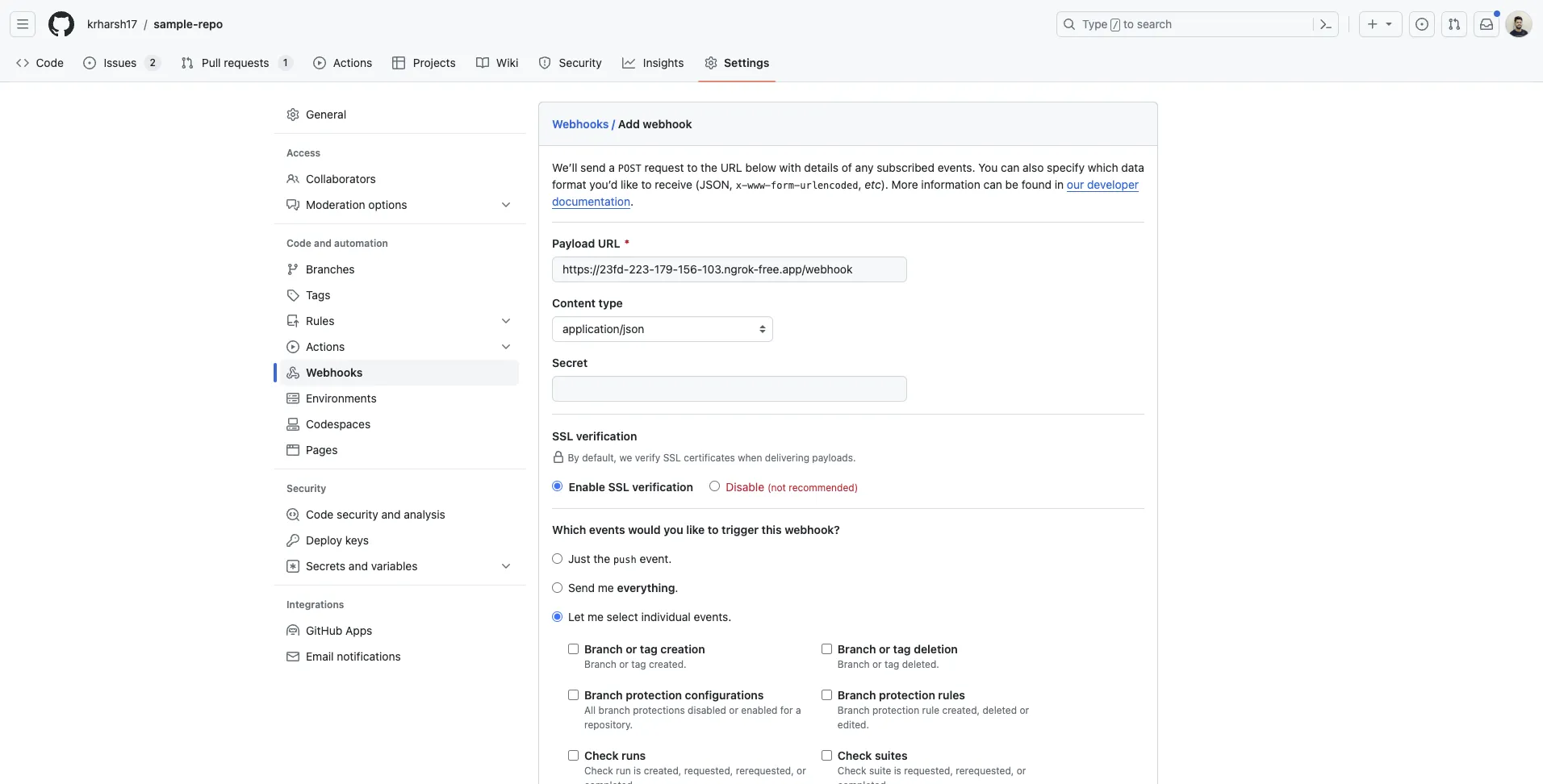 New webhook form