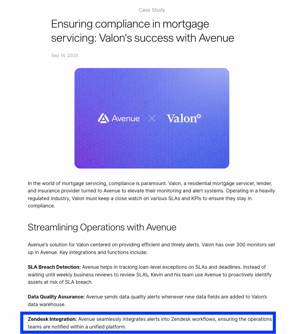 A screenshot of an Avenue case study that mentions the client benefiting from their Zendesk integration