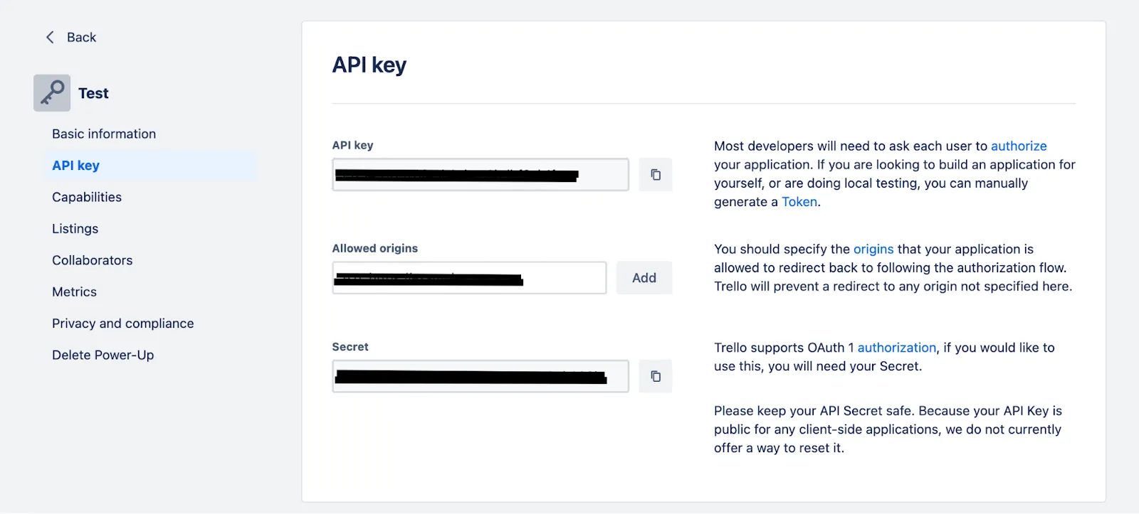 A screenshot of where your API key, allowed origins, and secret appear