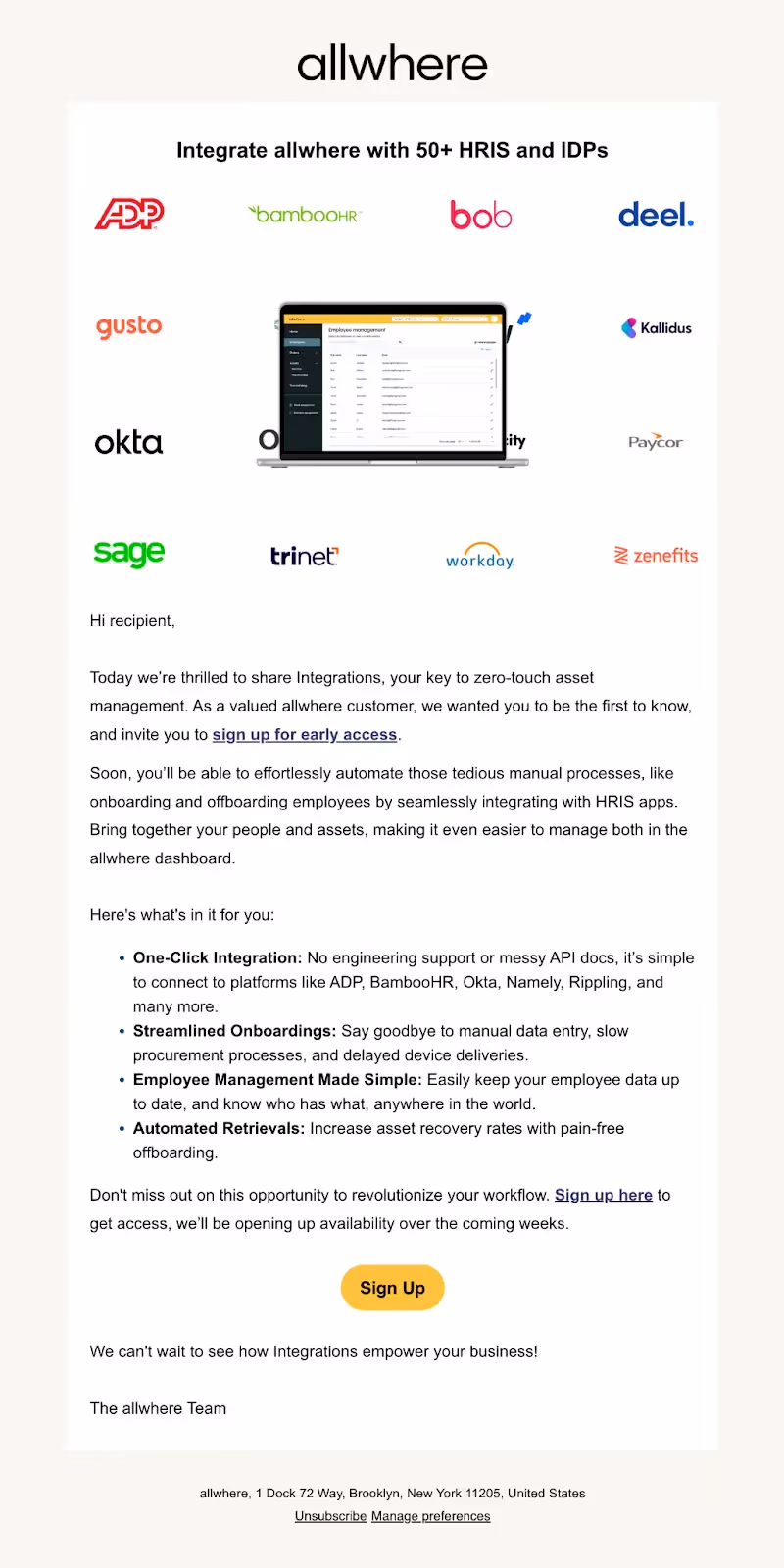 Email from allwhere that announces their integrations