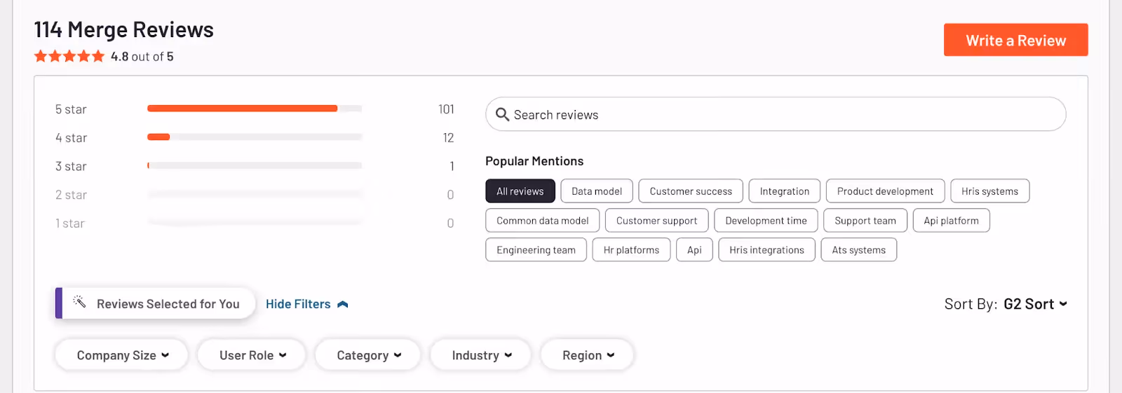A screenshot of Merge's profile on G2