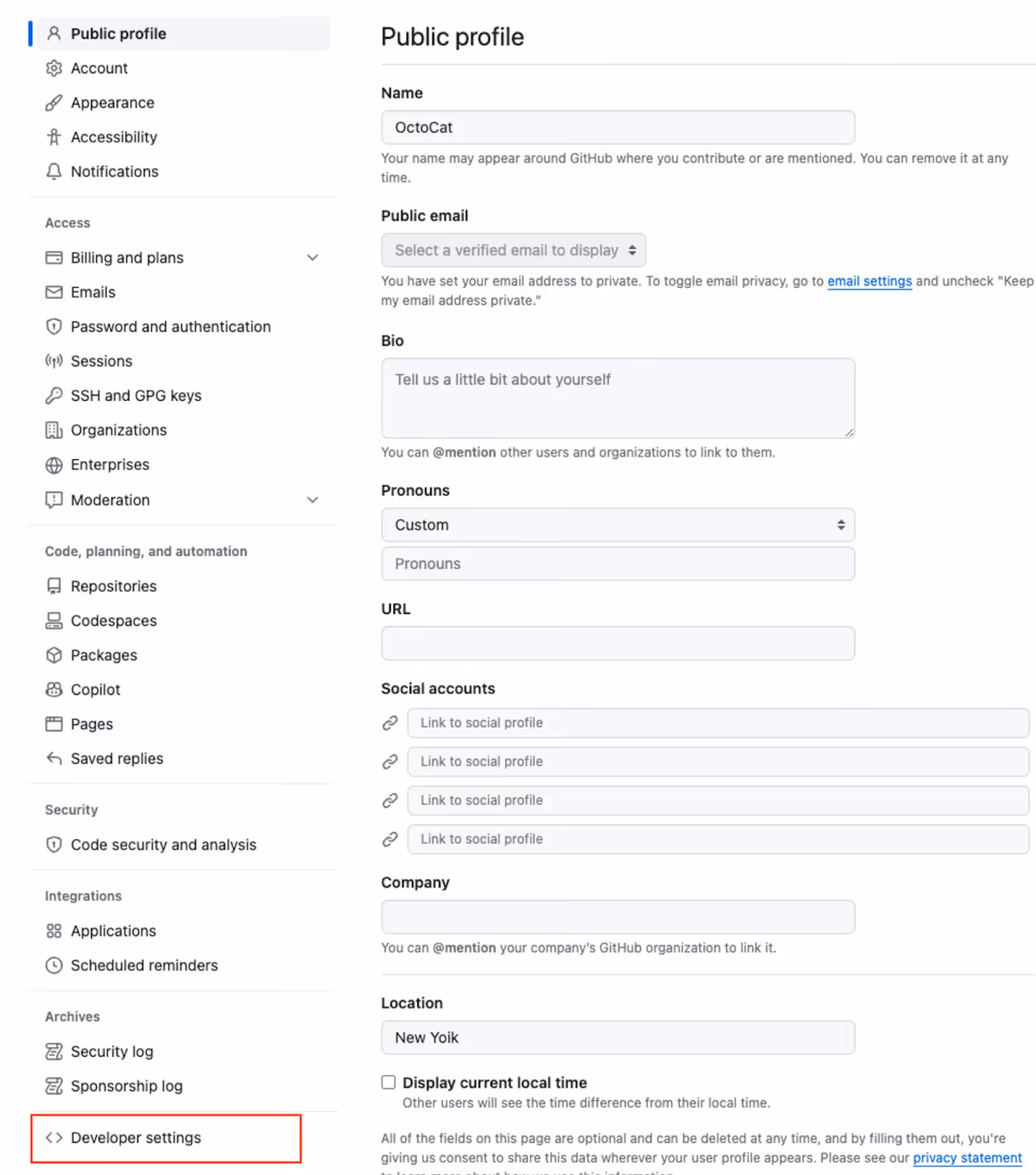 Accessing "Developer settings" in your GitHub profile