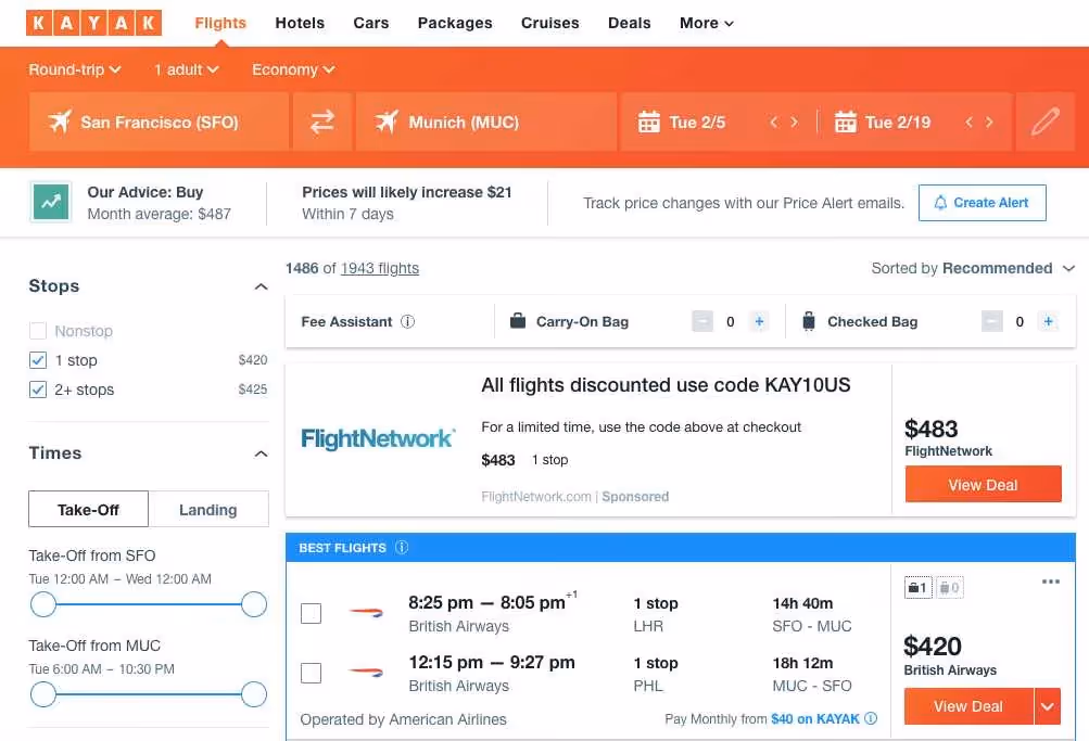 Screenshot of Kayak's UI